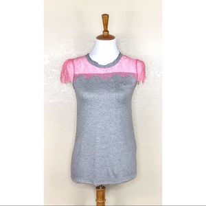 RED Valentino Pink Lace Heather Gray Tee Size Small